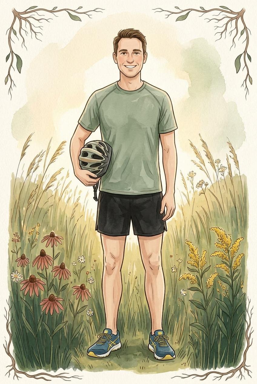 Cartoon illustration of Nick in running gear on a mountain trail