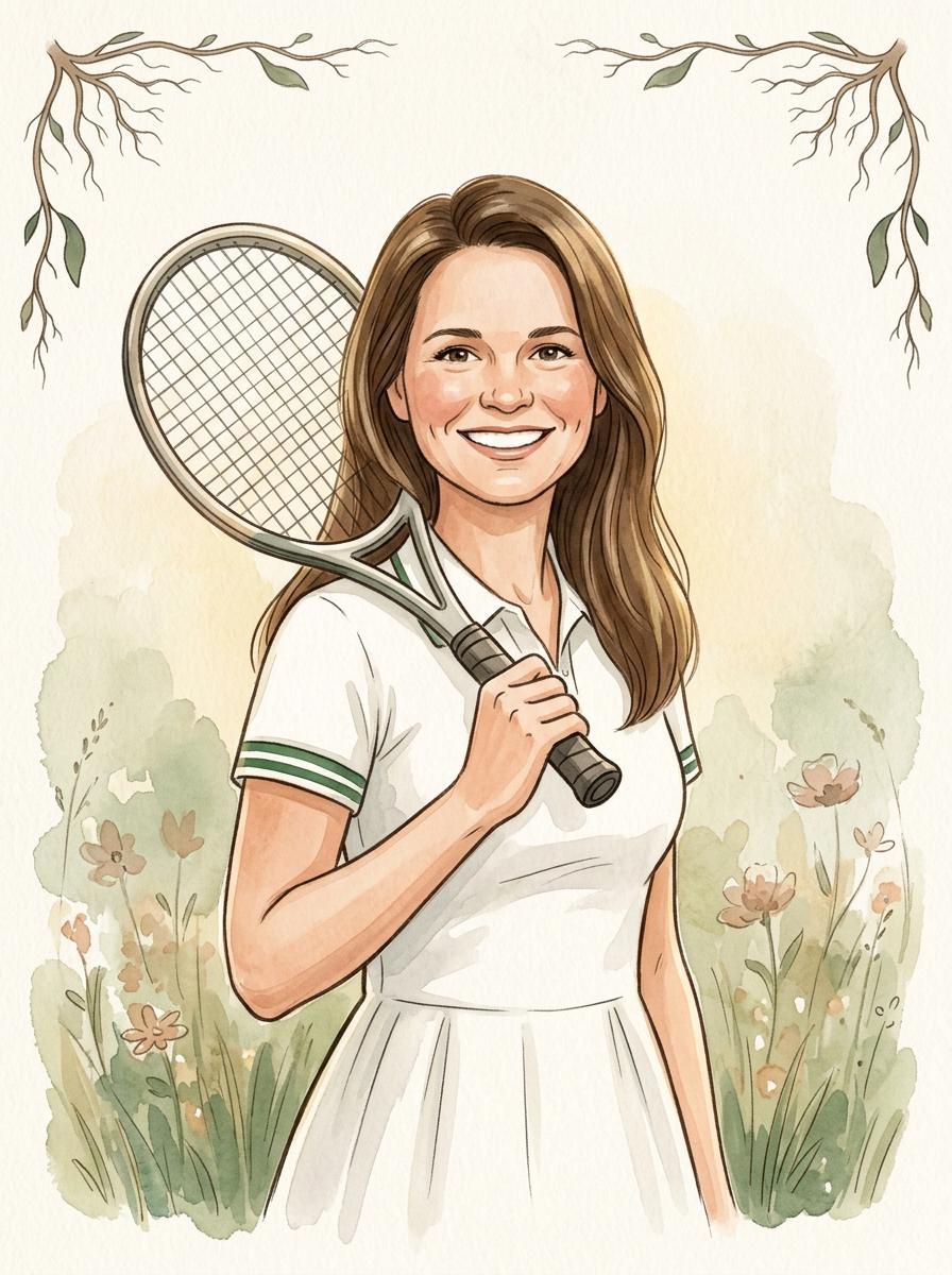 Cartoon illustration of Lucy in tennis gear on the court