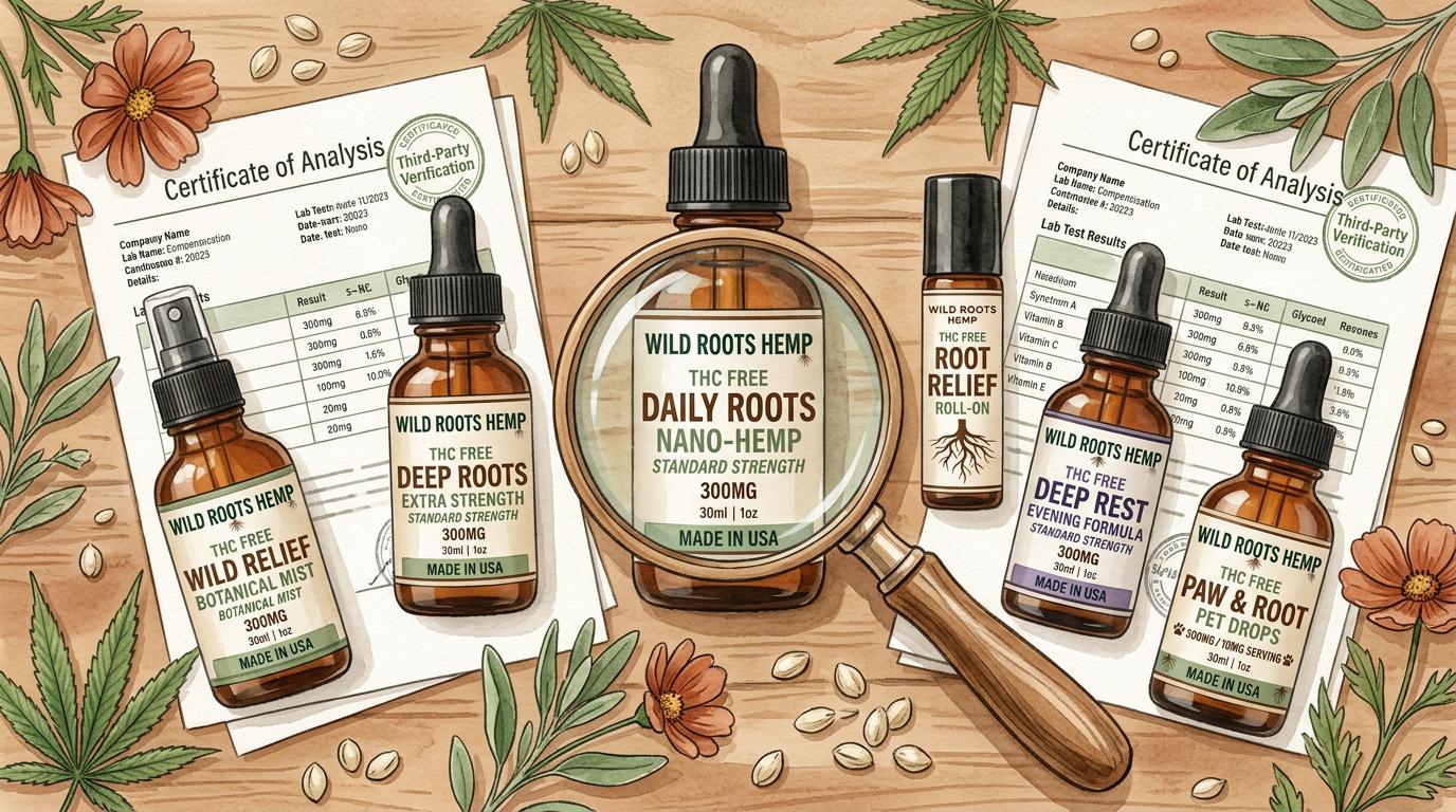 Reading hemp product labels with a magnifying glass for transparency