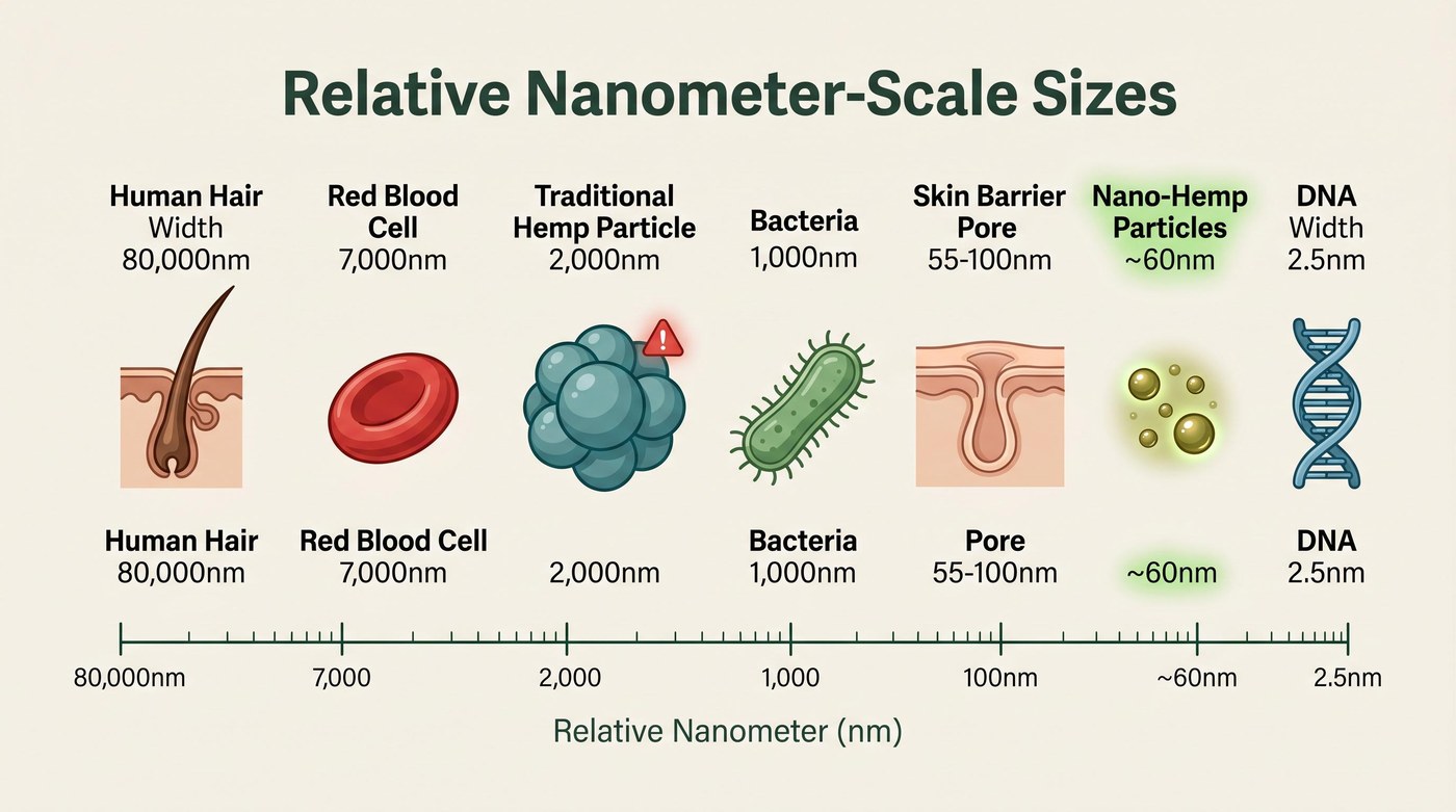 Nanometer scale comparison showing nano-hemp particles at ~60nm are smaller than skin barrier pores, enabling direct passage into the body