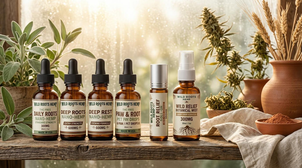 Watercolor illustration of Wild Roots amber glass bottles.