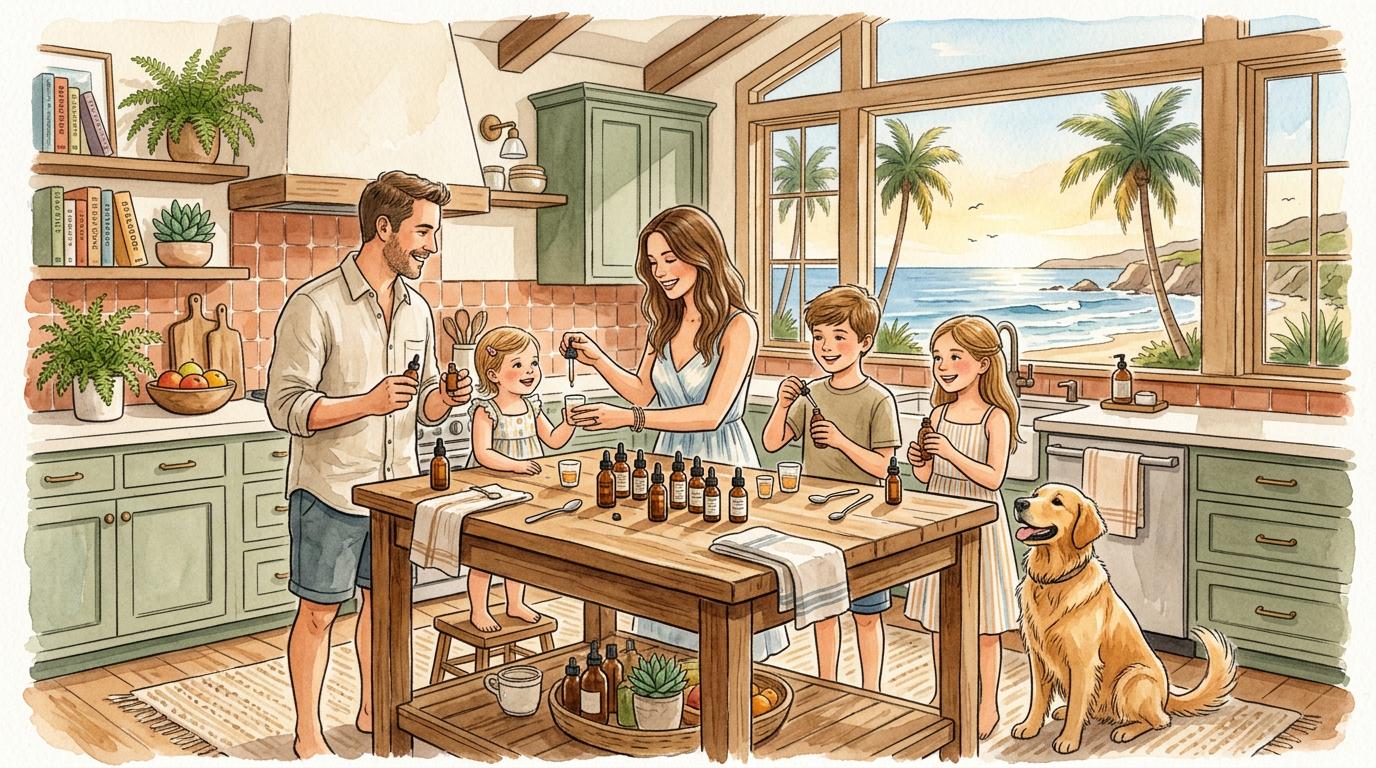 Watercolor illustration of a family building a daily Hemp routine.