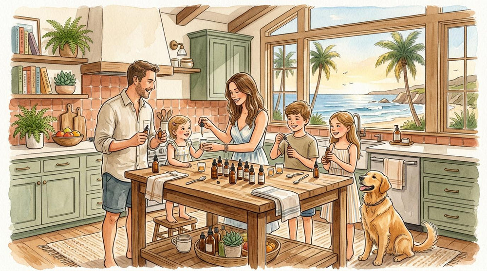 Watercolor illustration of a family building a daily Hemp routine.