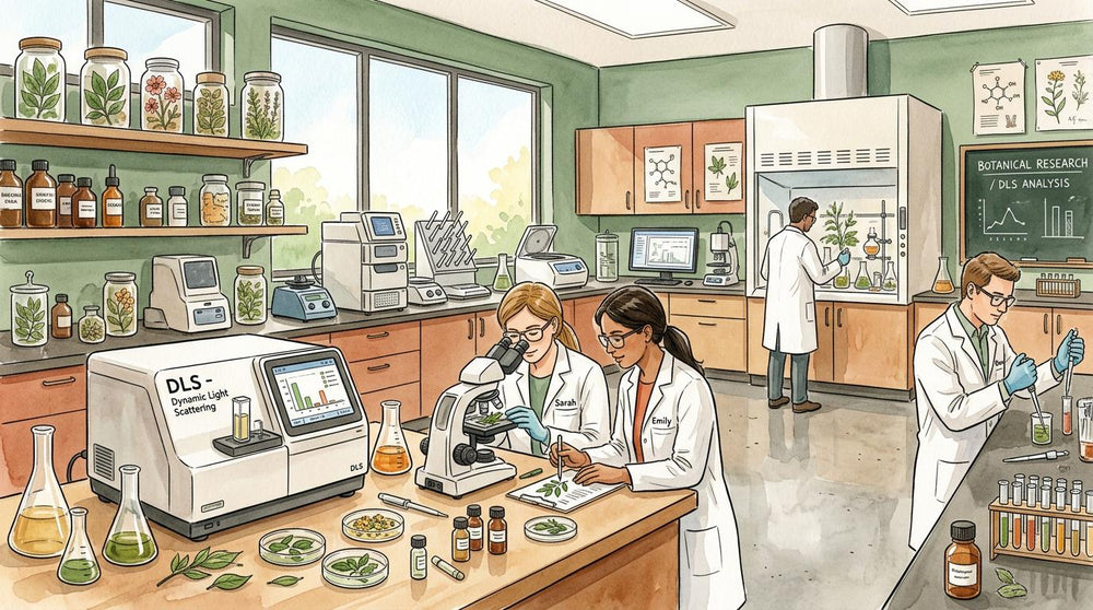 Watercolor illustration of laboratory research and nano fragmentation.