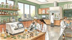 Watercolor illustration of laboratory research and nano fragmentation.