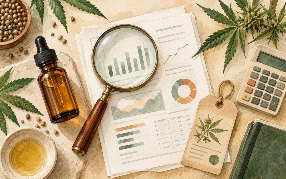 Watercolor buyer's guide still life with laboratory report, magnifying glass, calculator and hemp leaves