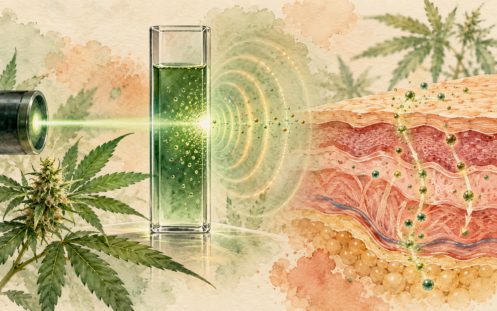 Watercolor scientific illustration of particle-size measurement and layered skin delivery