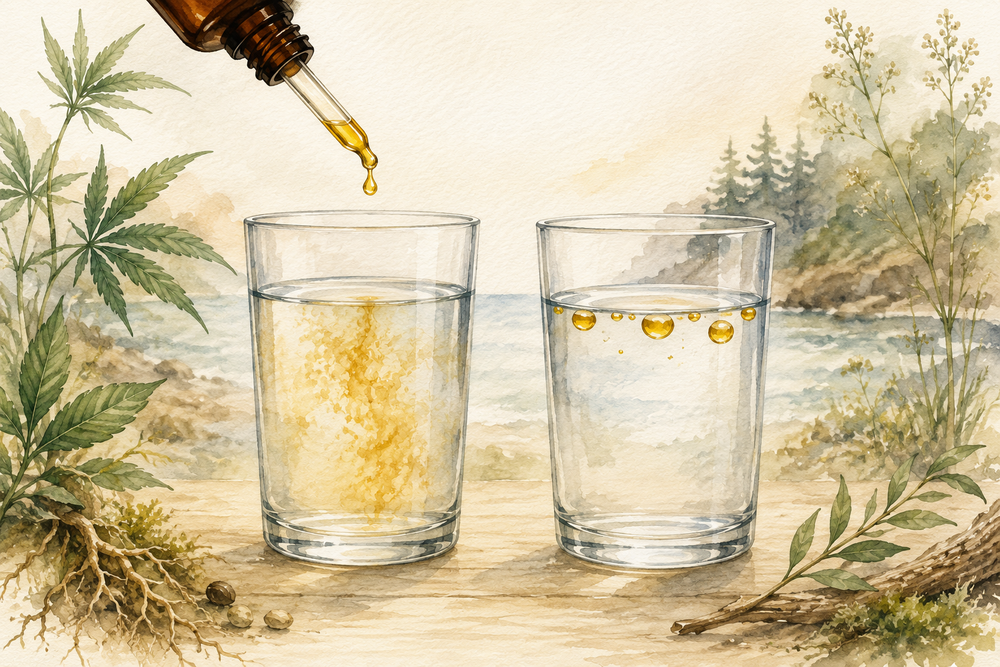 Watercolor illustration comparing Wild Roots Hemp dispersing evenly in water with visible oil droplets floating in a second glass.