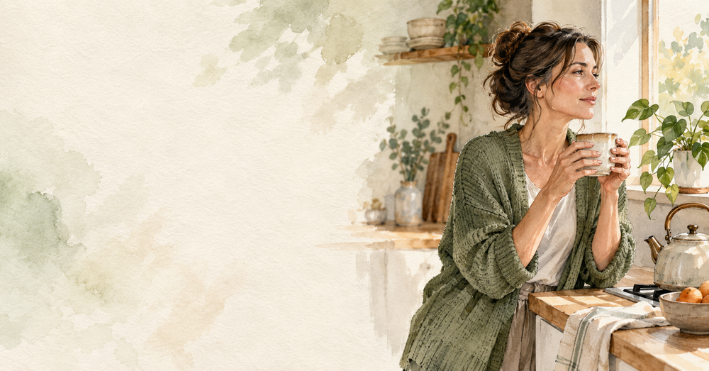 Watercolor illustration of a quiet morning pause beside a kettle for the Wild Roots Hemp Wellness Magazine feature
