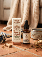 Paw & Root nano-hemp drops with packaging in a pet-friendly home setting